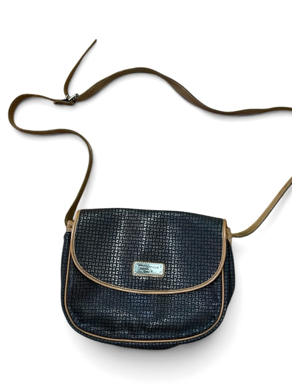 Vintage Ted Lapidus Paris Monogram Embossed Leather Crossbody Bag Purse Brown